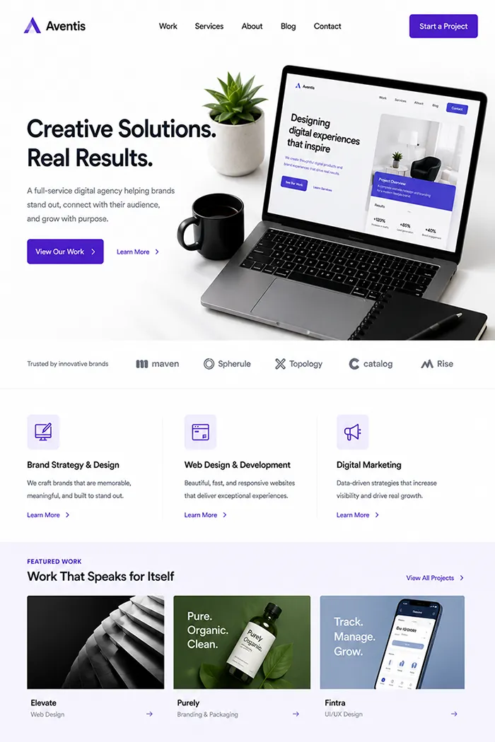 Agency website homepage demo featuring creative services and portfolio sections