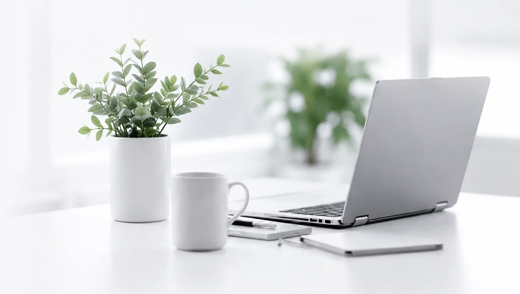 Modern office workspace with laptop, coffee mug, and desk accessories
