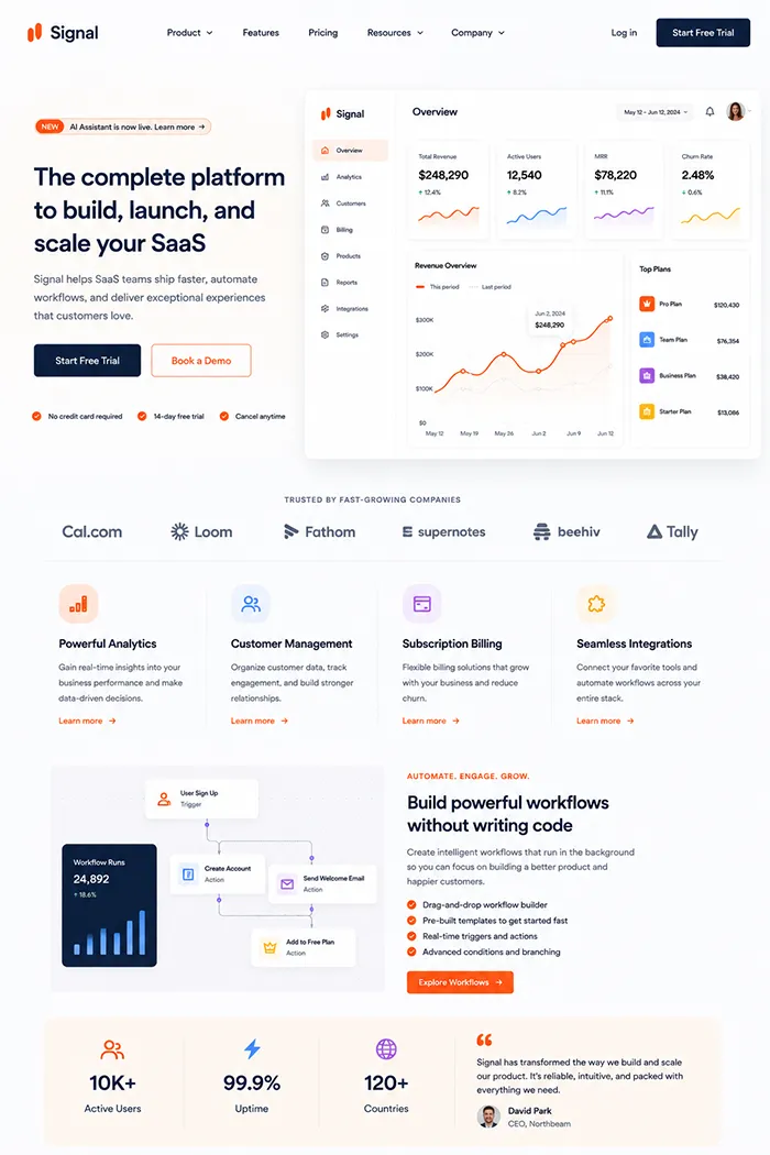SaaS platform homepage demo featuring analytics dashboards and workflow automation