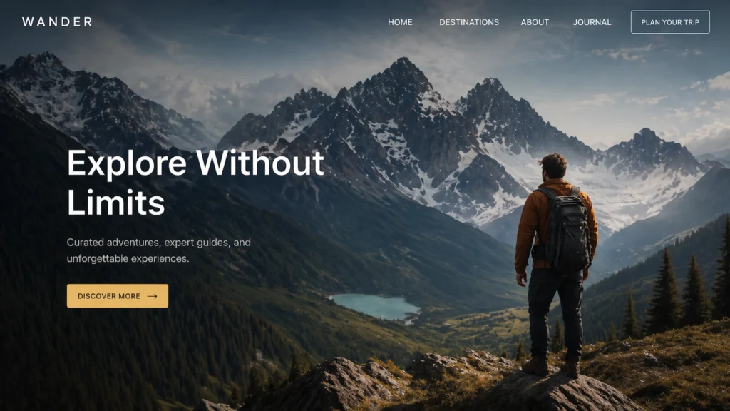 Wander Outdoors example hero section featuring mountains and a hiker